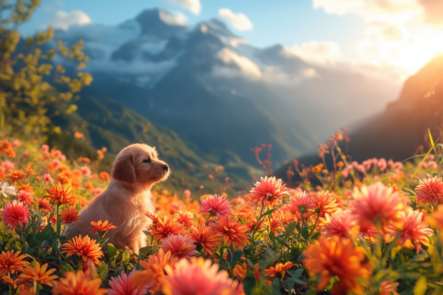 beautiful-puppy-sitting-in-meadow-flowers-in-mountain-natureגור מתוק
